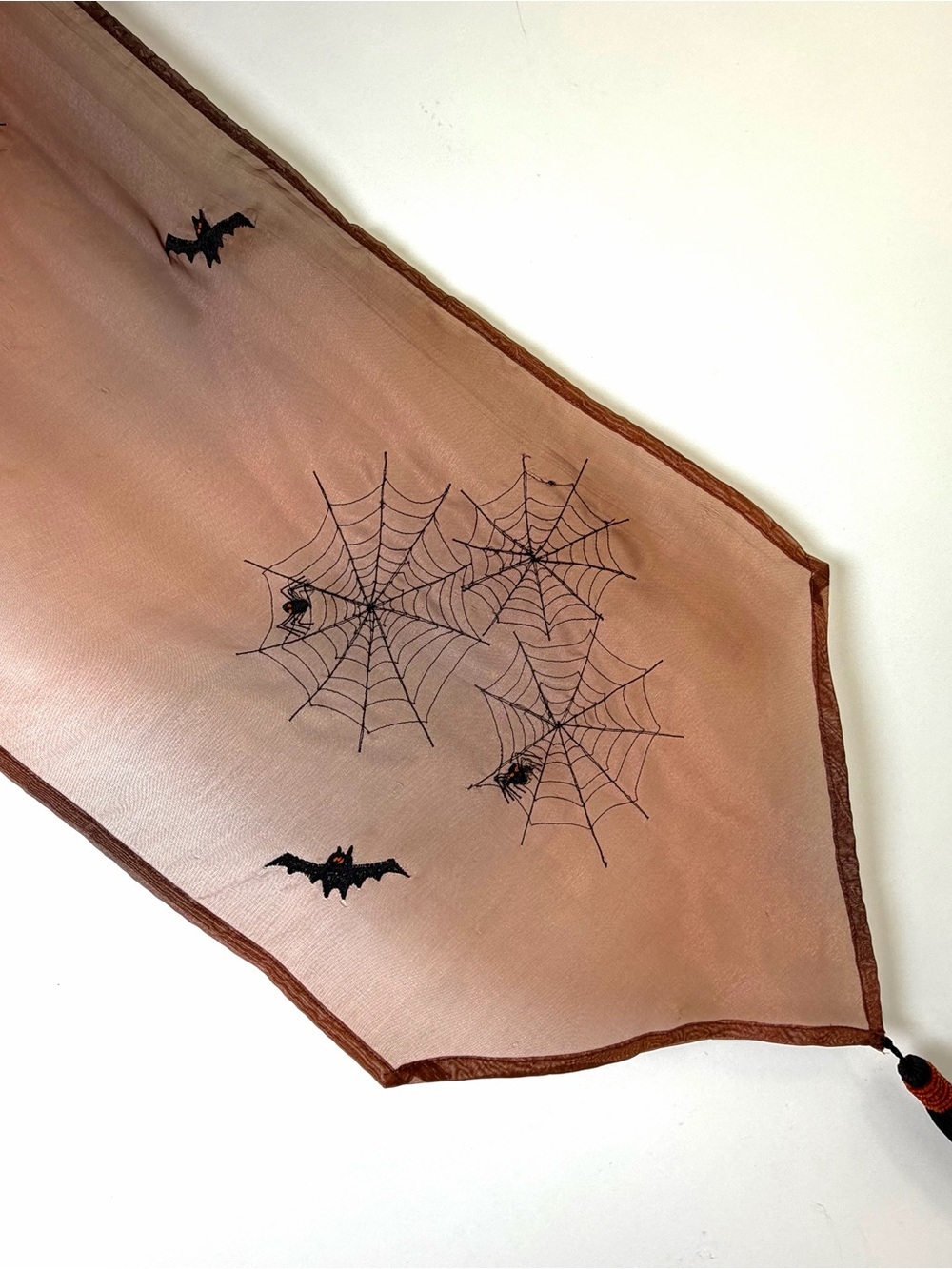 Halloween Spider Web Table Runner Set of 2 Orange Black Bats Tassels 70x13